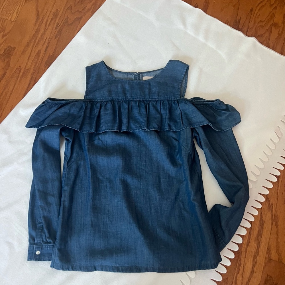 LOFT Blue Denim Cold-Shoulder Ruffle Top